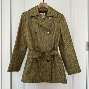 Vintage Hermes Sport Paris fabric-lined trench coat. Dark green and gold.